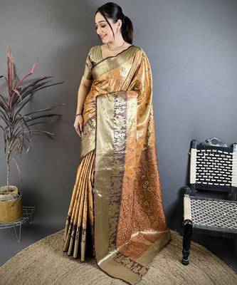 Mustard kanjeevaram silk blend woven design saree with unstitched blouse piece 1