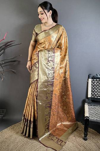Mustard kanjeevaram silk blend woven design saree with unstitched blouse piece