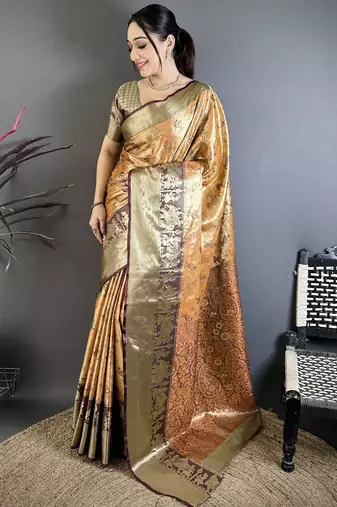 Mustard kanjeevaram silk blend woven design saree with unstitched blouse piece