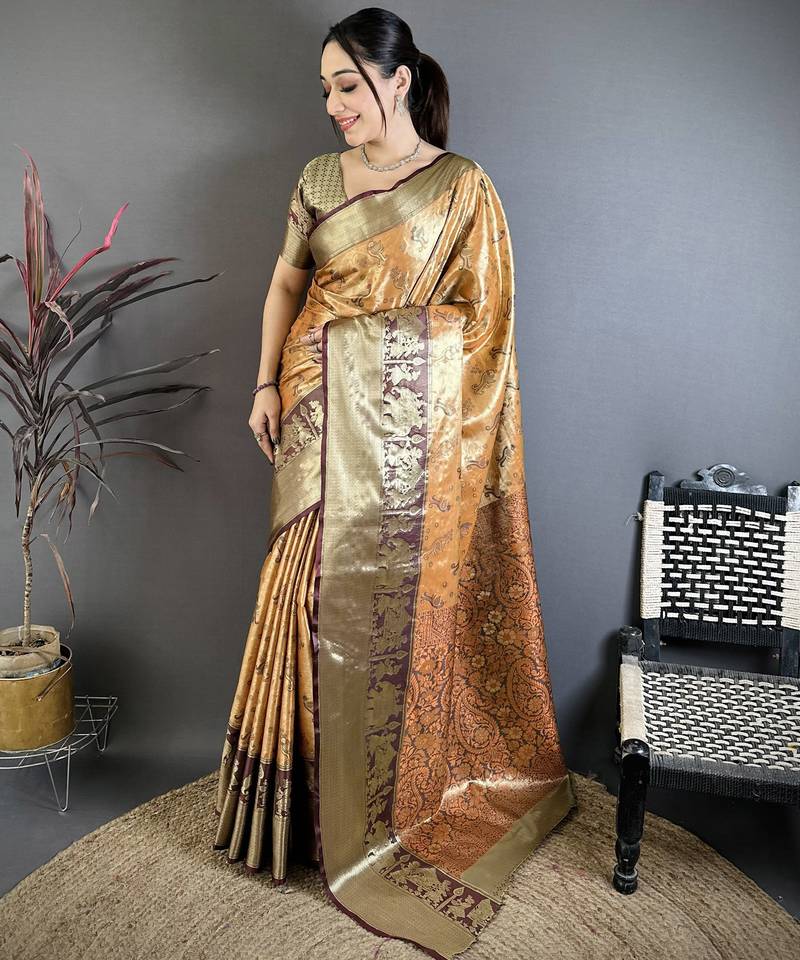 Mustard kanjeevaram silk woven design saree with unstitched blouse piece