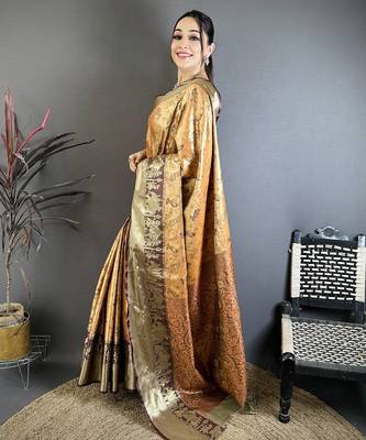 Mustard kanjeevaram silk blend woven design saree with unstitched blouse piece 2