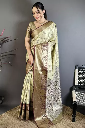 Olive kanjeevaram silk blend woven design saree with unstitched blouse piece