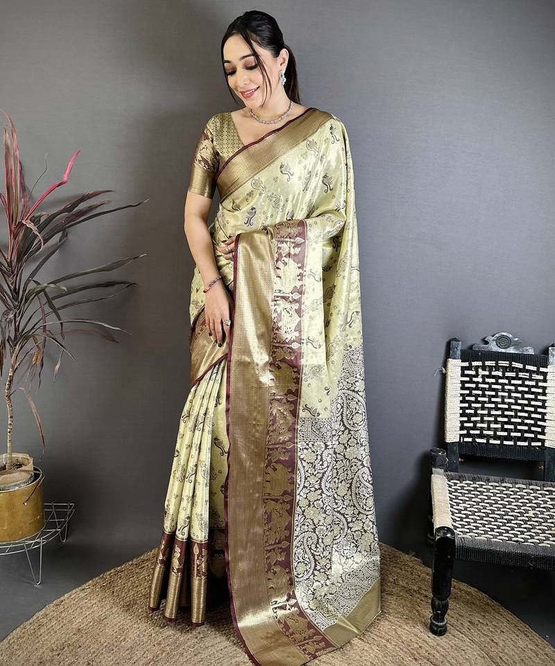 Olive kanjeevaram silk woven design saree with unstitched blouse piece
