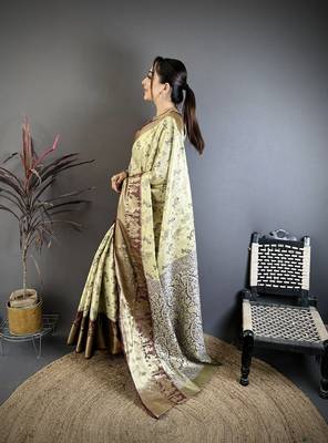 Olive kanjeevaram silk blend woven design saree with unstitched blouse piece 2