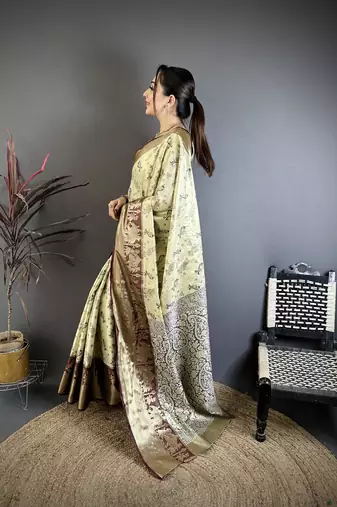 Olive kanjeevaram silk blend woven design saree with unstitched blouse piece