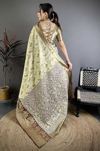 Olive kanjeevaram silk blend woven design saree with unstitched blouse piece