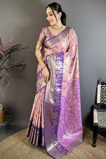 Pink kanjeevaram silk blend woven design saree with unstitched blouse piece