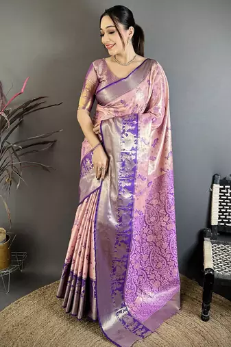 Pink kanjeevaram silk blend woven design saree with unstitched blouse piece