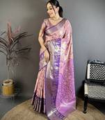 Pink kanjeevaram silk woven design saree with unstitched blouse piece