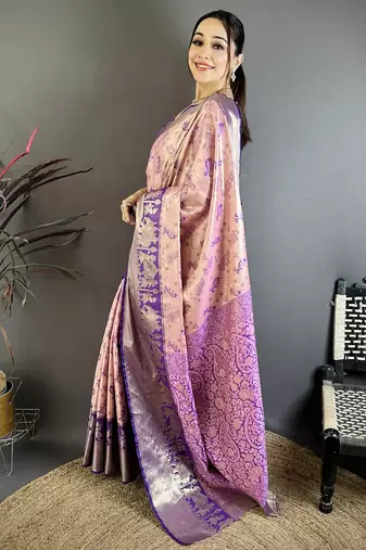 Pink kanjeevaram silk blend woven design saree with unstitched blouse piece