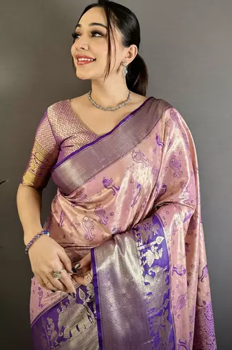 Pink kanjeevaram silk blend woven design saree with unstitched blouse piece