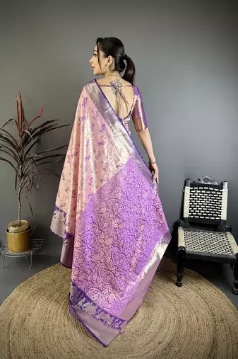 Pink kanjeevaram silk blend woven design saree with unstitched blouse piece