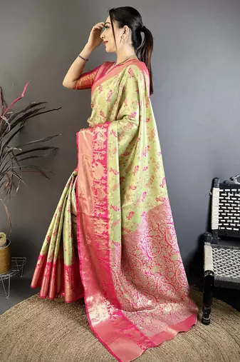 Parrot green kanjeevaram silk blend woven design saree with unstitched blouse piece