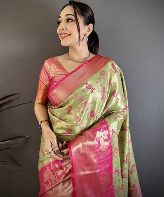 Parrot green kanjeevaram silk blend woven design saree with unstitched blouse piece 3