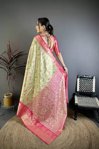 Parrot green kanjeevaram silk blend woven design saree with unstitched blouse piece