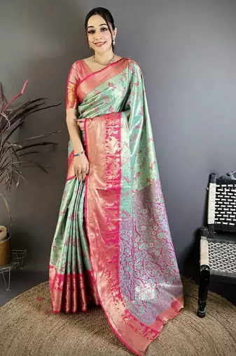 Sea green kanjeevaram silk blend woven design saree with unstitched blouse piece
