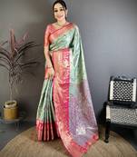 Sea green kanjeevaram silk woven design saree with unstitched blouse piece