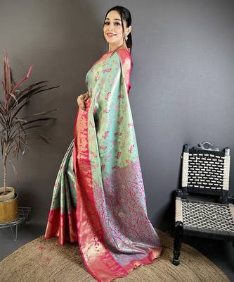 Sea green kanjeevaram silk blend woven design saree with unstitched blouse piece 2