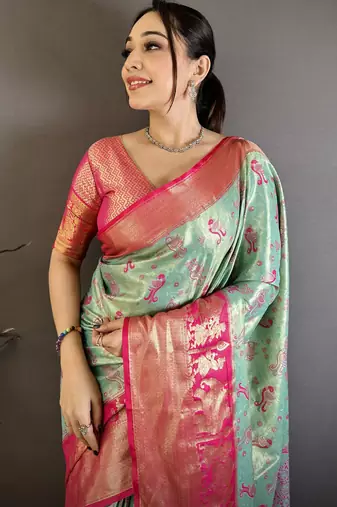 Sea green kanjeevaram silk blend woven design saree with unstitched blouse piece