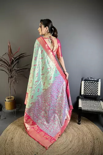 Sea green kanjeevaram silk blend woven design saree with unstitched blouse piece