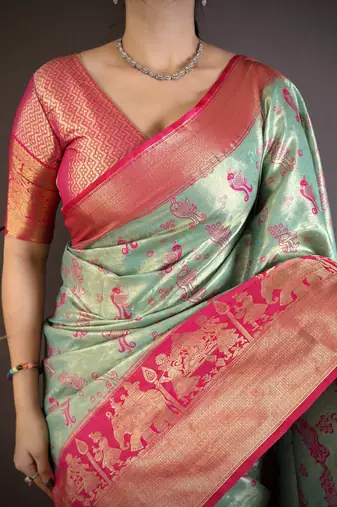Sea green kanjeevaram silk blend woven design saree with unstitched blouse piece