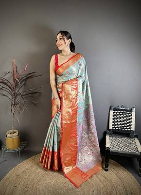 Sky blue kanjeevaram silk blend woven design saree with unstitched blouse piece 1