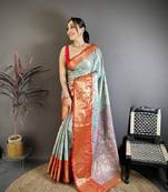 Sky blue kanjeevaram silk woven design saree with unstitched blouse piece
