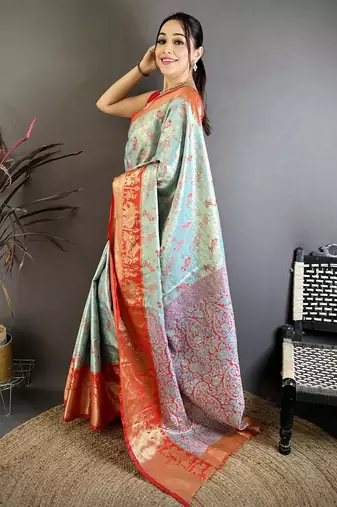 Sky blue kanjeevaram silk blend woven design saree with unstitched blouse piece