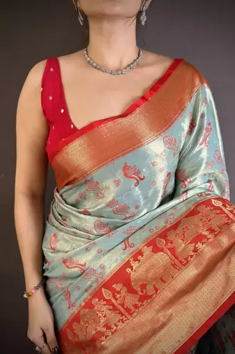 Sky blue kanjeevaram silk blend woven design saree with unstitched blouse piece
