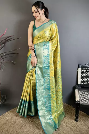 Yellow kanjeevaram silk blend woven design saree with unstitched blouse piece