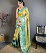 Yellow kanjeevaram silk woven design saree with unstitched blouse piece