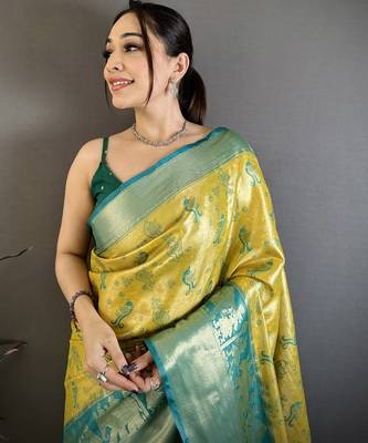Yellow kanjeevaram silk blend woven design saree with unstitched blouse piece 3