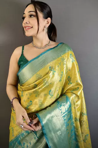 Yellow kanjeevaram silk blend woven design saree with unstitched blouse piece
