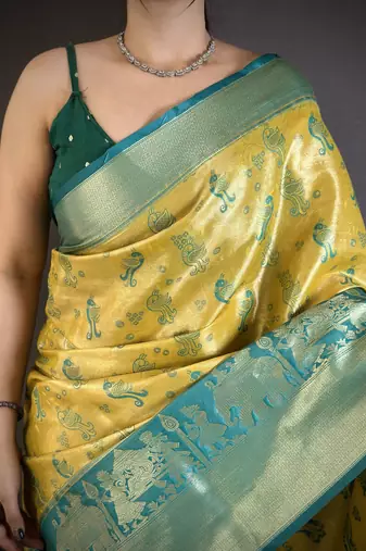 Yellow kanjeevaram silk blend woven design saree with unstitched blouse piece