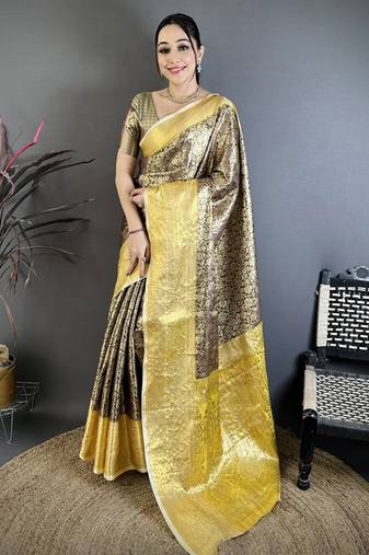 Brown kanjeevaram silk blend woven design saree with unstitched blouse piece