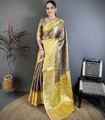 Brown kanjeevaram silk woven design saree with unstitched blouse piece