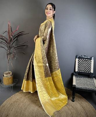 Brown kanjeevaram silk blend woven design saree with unstitched blouse piece 2