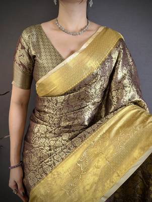 Brown kanjeevaram silk blend woven design saree with unstitched blouse piece 5