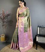 Bottle green kanjeevaram silk woven design saree with unstitched blouse piece