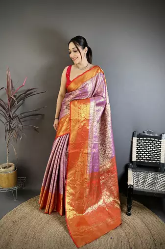 Lavender kanjeevaram silk blend woven design saree with unstitched blouse piece