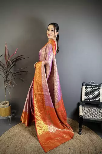 Lavender kanjeevaram silk blend woven design saree with unstitched blouse piece