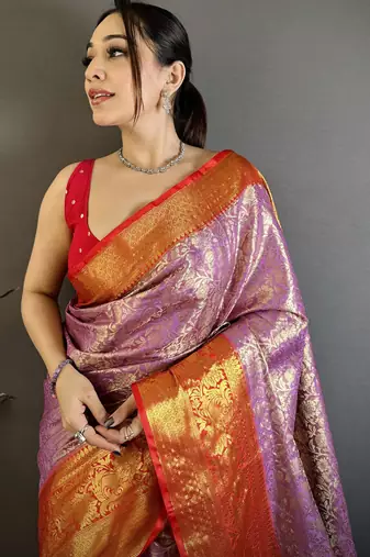 Lavender kanjeevaram silk blend woven design saree with unstitched blouse piece