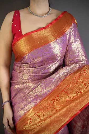 Lavender kanjeevaram silk blend woven design saree with unstitched blouse piece