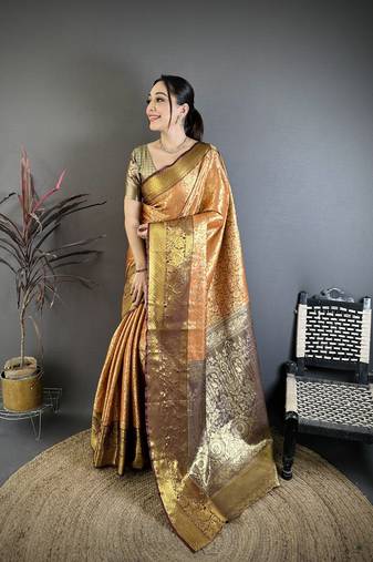 Orange kanjeevaram silk blend woven design saree with unstitched blouse piece