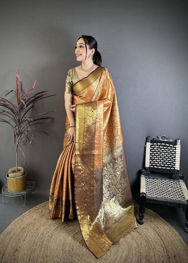 Orange kanjeevaram silk woven design saree with unstitched blouse piece