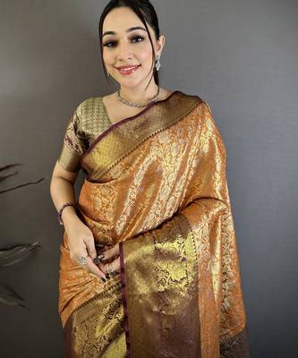 Orange kanjeevaram silk blend woven design saree with unstitched blouse piece 3