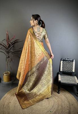 Orange kanjeevaram silk blend woven design saree with unstitched blouse piece 4