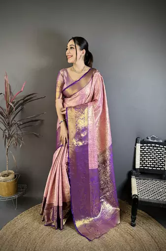 Pink kanjeevaram silk blend woven design saree with unstitched blouse piece