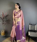 Pink kanjeevaram silk woven design saree with unstitched blouse piece