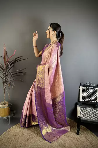Pink kanjeevaram silk blend woven design saree with unstitched blouse piece